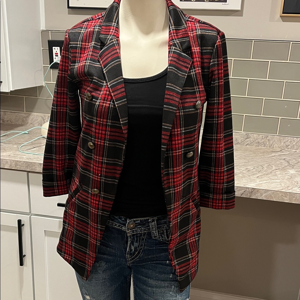 Maurices Red and Black Plaid Double-Breasted Blazer